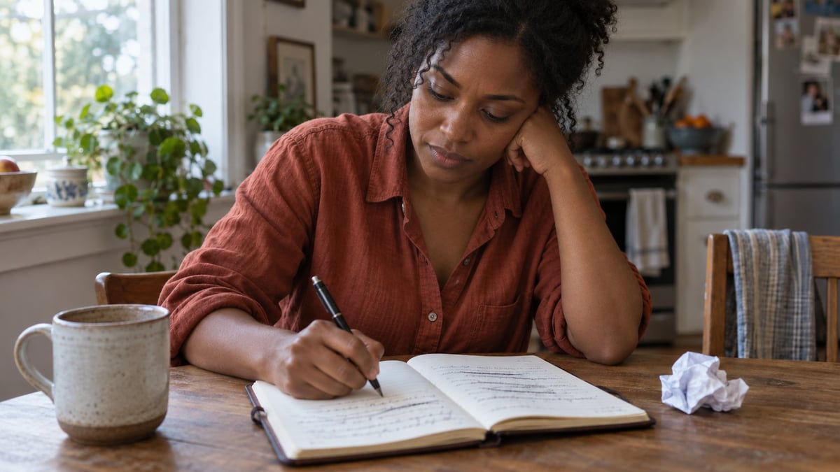Woman in rust-colored shirt writing in notebook at kitchen table with coffee mug nearby