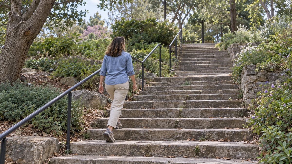 Woman in blue shirt climbing outdoor stone stairs with metal railings surrounded by trees and greenery