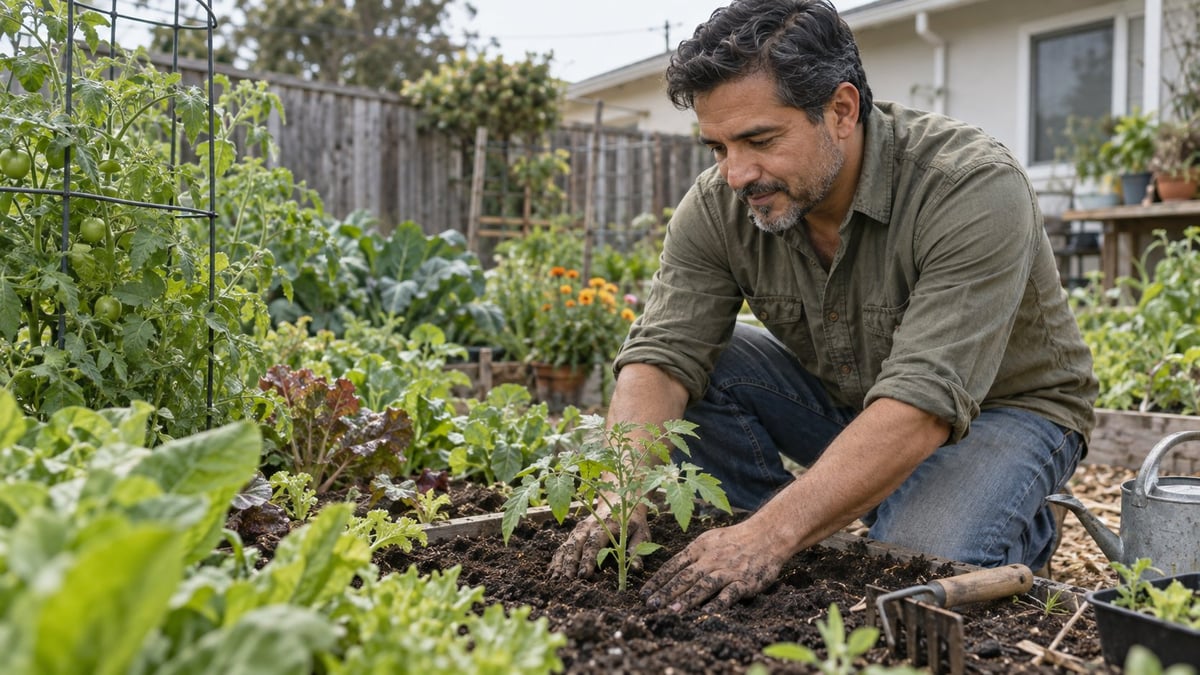 Man tending to vegetable garden, planting seedlings in raised bed with house in background