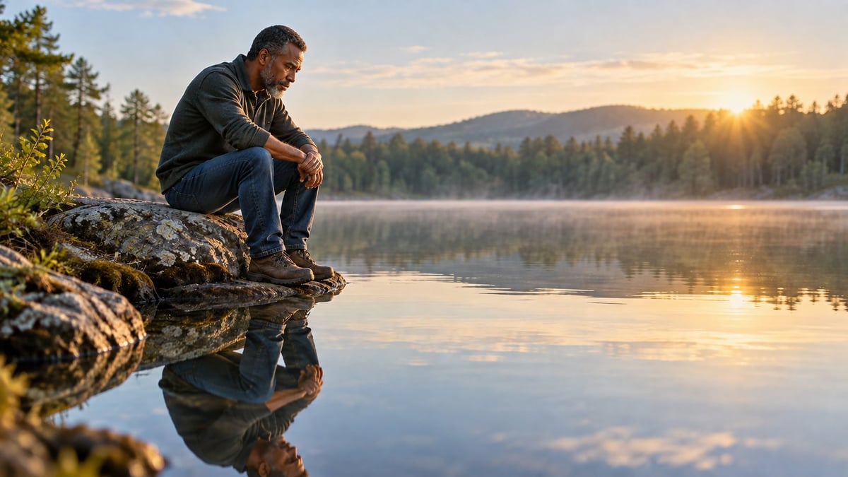 Man sitting on a log overlooking a calm lake at sunrise with forested mountains in the background
