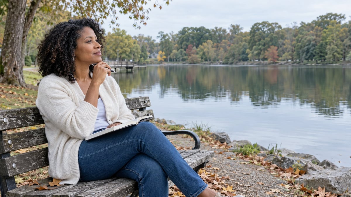 Woman sitting on a bench by a calm river, wearing a cardigan and jeans, looking out at the water with autumn trees in the background